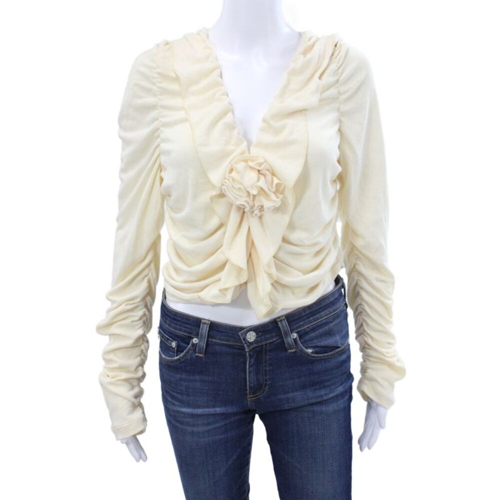 Tach Clothing Womens Cropped V-Neck Long Sleeve Blouse Boho Beige Size L